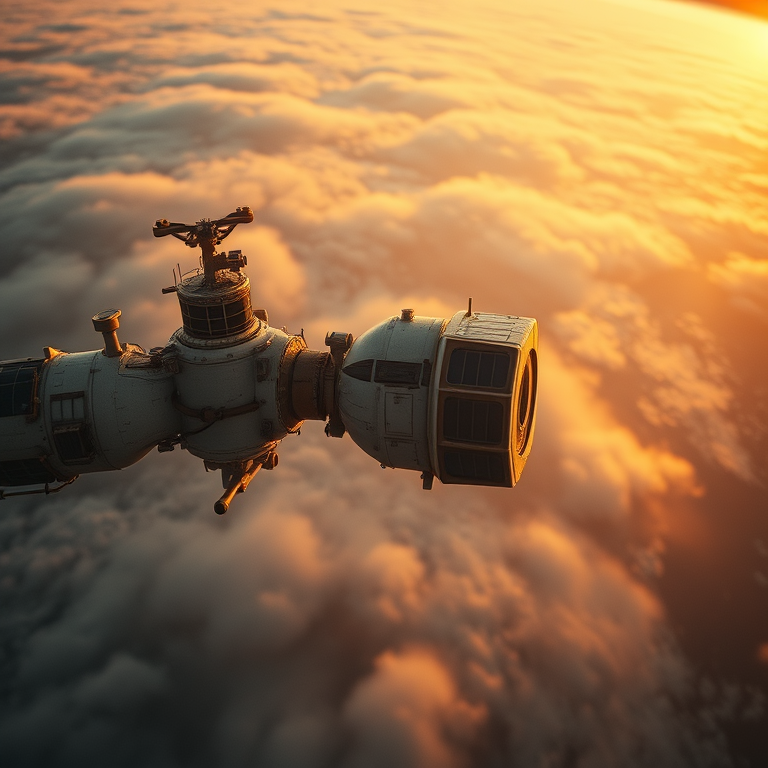 retro vintage photo, a space station orbiting Earth, at dawn, with misty atmosphere, warm tones, macro extreme close-up, studio quality lighting, sharp focus, peaceful and serene