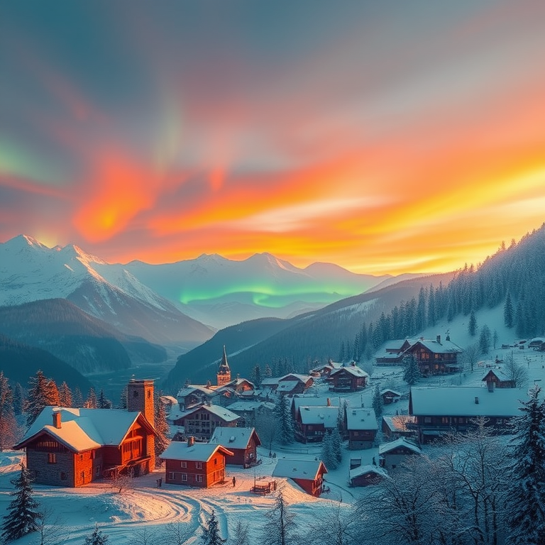 digital art, a snowy alpine village, during golden hour, with aurora in sky, teal and orange, panoramic view, soft diffused lighting, award-winning composition, energetic and vibrant