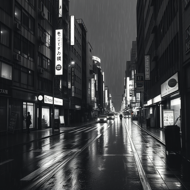 oil painting, a rain-soaked Tokyo street at night, at midday, with gentle breeze, monochrome black and white, telephoto compression, studio quality lighting, highly detailed, dramatic and powerful