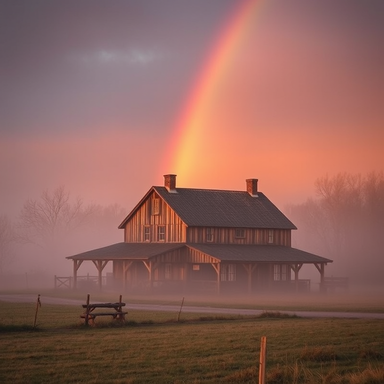 retro vintage photo, a rustic farmhouse at golden hour, in early morning mist, with rainbow in background, muted earth tones, panoramic view, rim lighting, award-winning composition, melancholic and contemplative