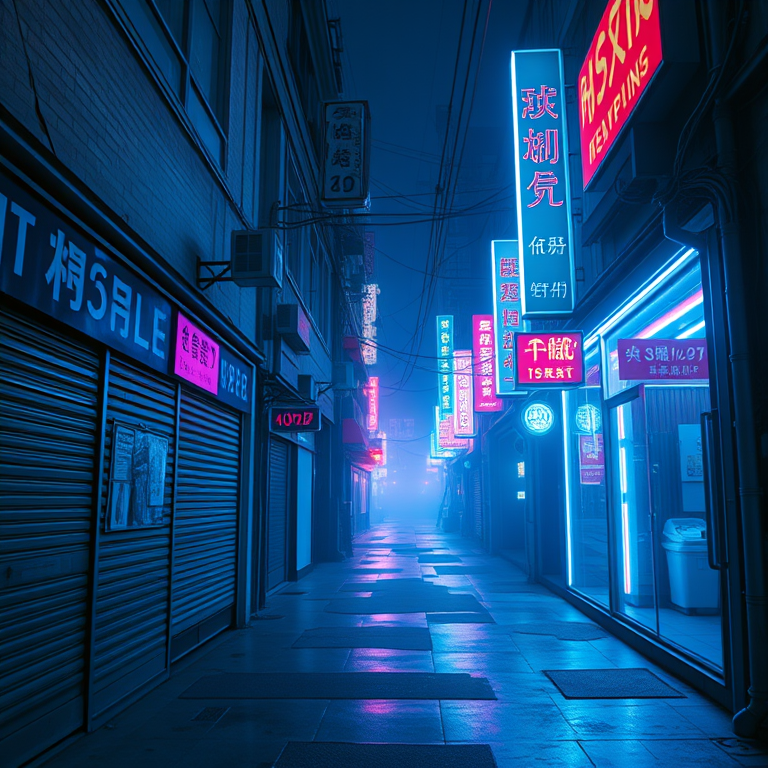 cinematic shot, a neon-lit cyberpunk alleyway, at midday, with gentle breeze, cool blue tones, panoramic view, natural light, ultra high resolution, melancholic and contemplative