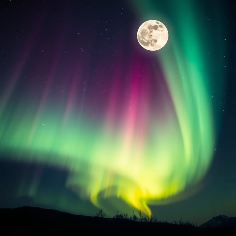 realistic photo, a northern lights aurora display, under a full moon, with aurora in sky, vibrant saturated colors, low angle dramatic perspective, studio quality lighting, sharp focus, mysterious and ethereal