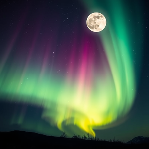 realistic photo, a northern lights aurora display, under a full moon, with aurora in sky, vibrant saturated colors, low angle dramatic perspective, studio quality lighting, sharp focus, mysterious and ethereal