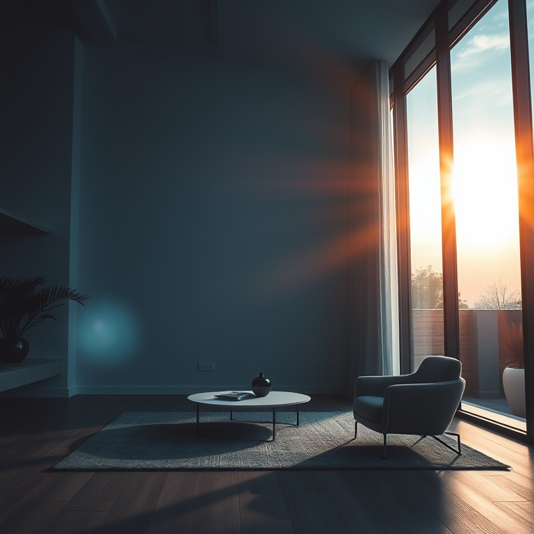 realistic photo, a modern minimalist interior design, at dawn, with rainbow in background, cool blue tones, low angle dramatic perspective, backlit with sun flare, RAW photo, melancholic and contemplative