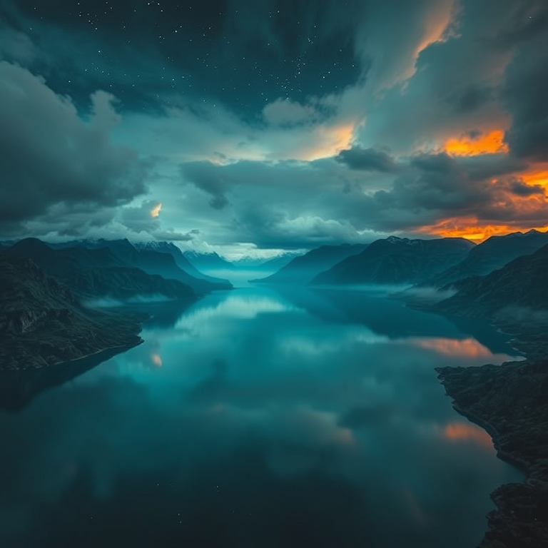 abstract art, a serene lake reflecting mountains, at night under stars, with dramatic cloud formations, teal and orange, aerial drone perspective, moody atmospheric lighting, photorealistic, awe-inspiring and grand