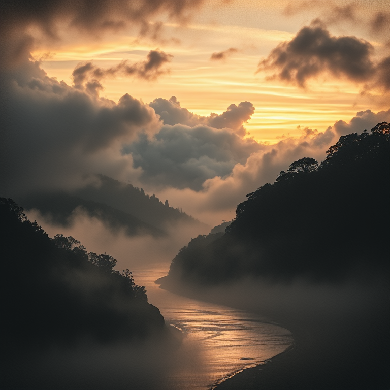charcoal drawing, a misty river valley at dawn, at dawn, with dramatic cloud formations, warm tones, close-up detail shot, dramatic side lighting, ultra high resolution, melancholic and contemplative