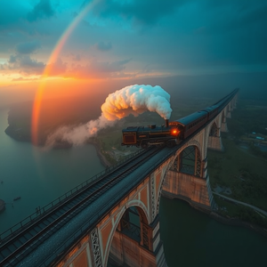 digital art, a vintage steam train on a bridge, during golden hour, with rainbow in background, cool blue tones, aerial drone perspective, soft diffused lighting, masterpiece quality, dramatic and powerful
