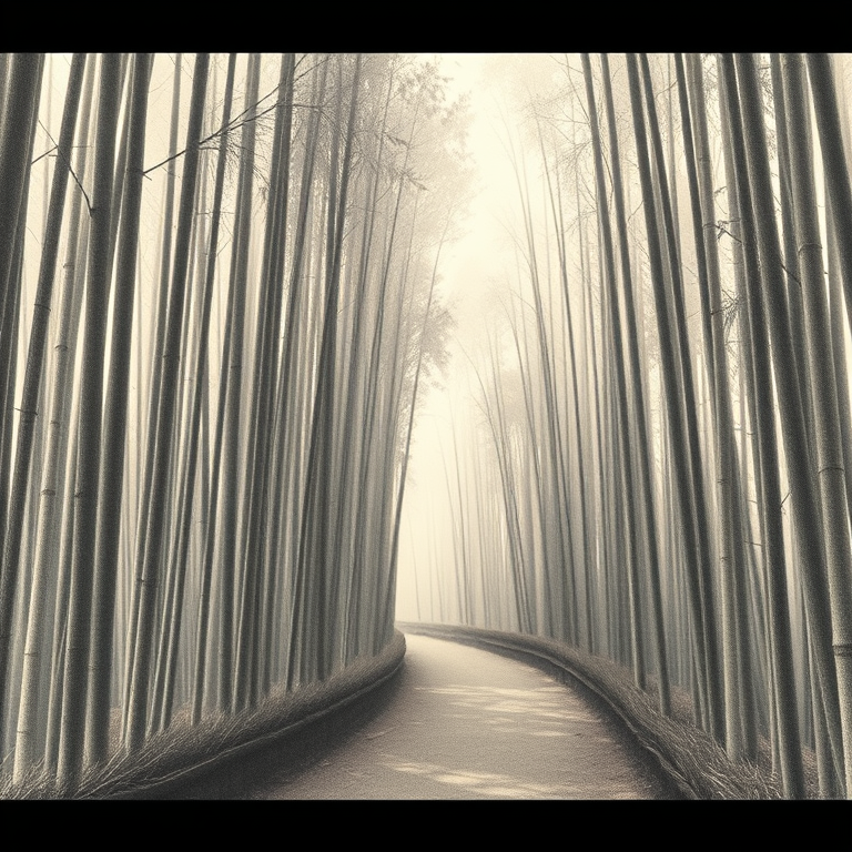 pencil sketch, a bamboo forest path, at midday, with misty atmosphere, muted earth tones, telephoto compression, moody atmospheric lighting, 8K UHD, energetic and vibrant