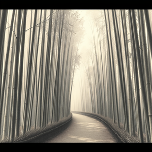 pencil sketch, a bamboo forest path, at midday, with misty atmosphere, muted earth tones, telephoto compression, moody atmospheric lighting, 8K UHD, energetic and vibrant