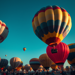 digital art, a colorful hot air balloon festival, at midday, with clear blue sky, pastel soft colors, low angle dramatic perspective, moody atmospheric lighting, award-winning composition, mysterious and ethereal