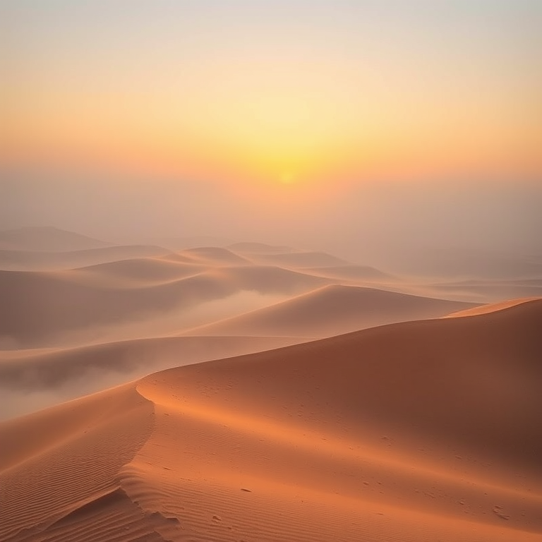 concept art, a vast desert with sand dunes, in early morning mist, with fog rolling in, vibrant saturated colors, macro extreme close-up, dramatic side lighting, masterpiece quality, peaceful and serene