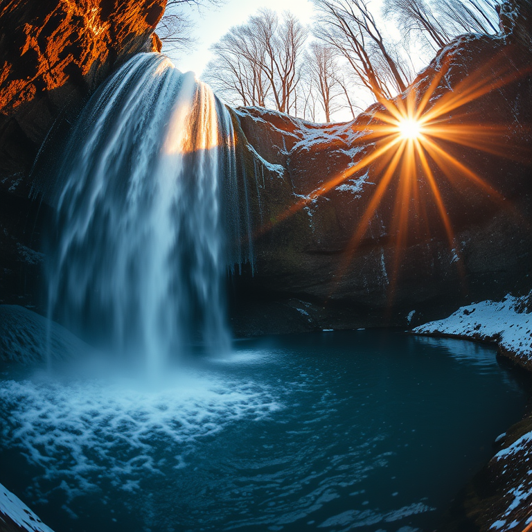digital art, a waterfall cascading into a pool, during golden hour, with snow falling, deep rich jewel tones, fish-eye lens, backlit with sun flare, photorealistic, peaceful and serene