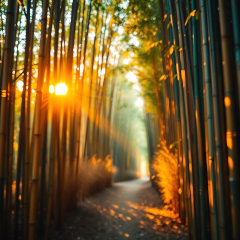 abstract art, a bamboo forest path, during golden hour, with gentle breeze, teal and orange, macro extreme close-up, natural light, masterpiece quality, peaceful and serene