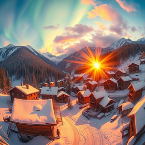 impressionist painting, a snowy alpine village, during golden hour, with aurora in sky, warm tones, fish-eye lens, backlit with sun flare, 8K UHD, peaceful and serene