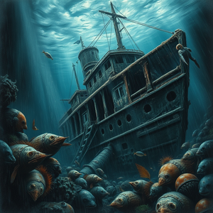 charcoal drawing, an underwater shipwreck with marine life, during a storm, with rain reflections, deep rich jewel tones, macro extreme close-up, studio quality lighting, 8K UHD, dramatic and powerful