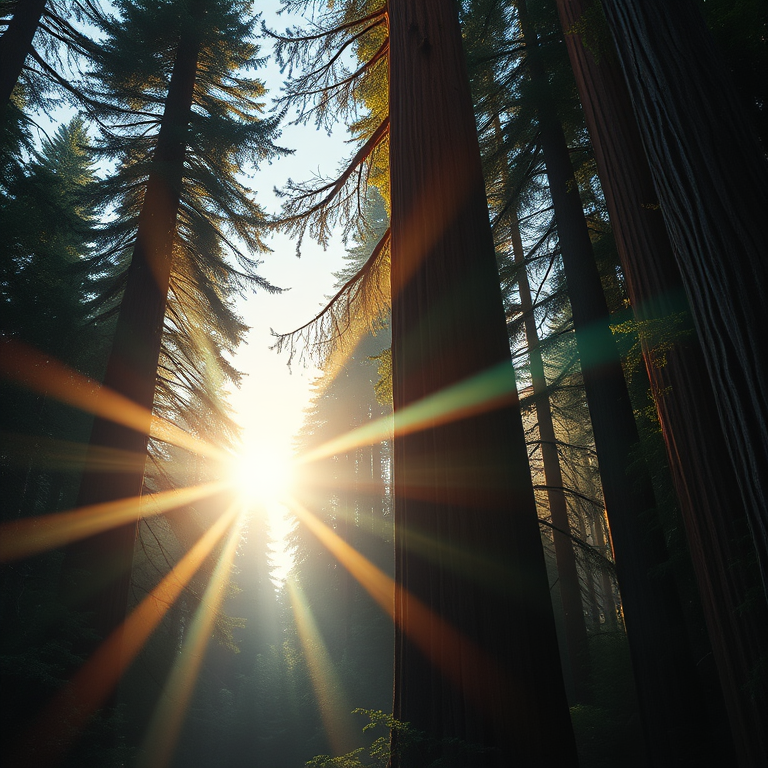 oil painting, a towering redwood forest, at dawn, with rainbow in background, vibrant saturated colors, close-up detail shot, backlit with sun flare, masterpiece quality, mysterious and ethereal