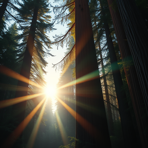 oil painting, a towering redwood forest, at dawn, with rainbow in background, vibrant saturated colors, close-up detail shot, backlit with sun flare, masterpiece quality, mysterious and ethereal