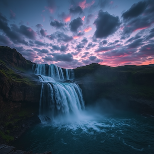 realistic photo, a waterfall cascading into a pool, during twilight, with dramatic cloud formations, deep rich jewel tones, wide angle view, neon glow, award-winning composition, mysterious and ethereal