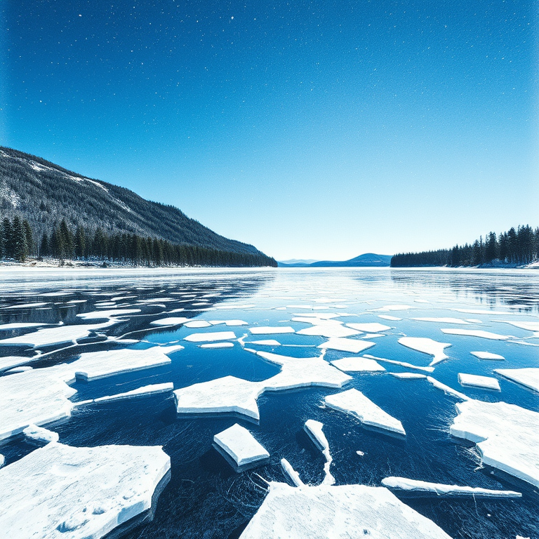 pencil sketch, a frozen lake with ice patterns, at night under stars, with clear blue sky, high contrast, low angle dramatic perspective, dramatic side lighting, masterpiece quality, energetic and vibrant