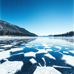 pencil sketch, a frozen lake with ice patterns, at night under stars, with clear blue sky, high contrast, low angle dramatic perspective, dramatic side lighting, masterpiece quality, energetic and vibrant