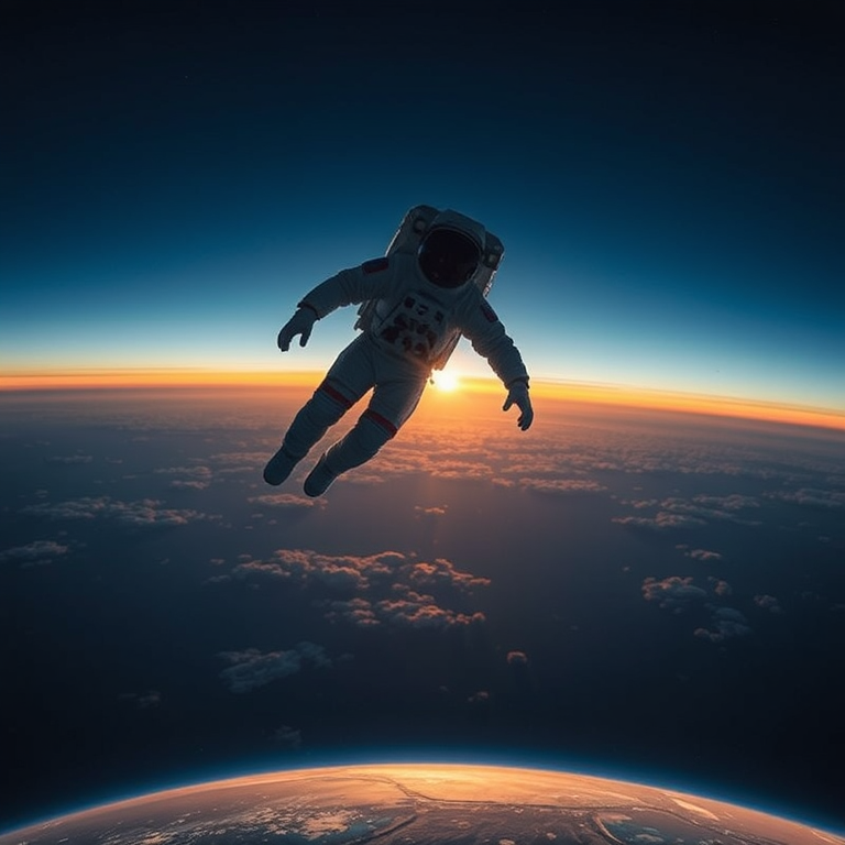 concept art, an astronaut floating above Earth, during twilight, with clear blue sky, deep rich jewel tones, wide angle view, rim lighting, photorealistic, mysterious and ethereal
