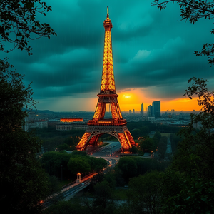 hyper-realistic render, Paris Eiffel Tower at golden hour, during a storm, with rain reflections, teal and orange, panoramic view, dappled light through trees, RAW photo, dramatic and powerful