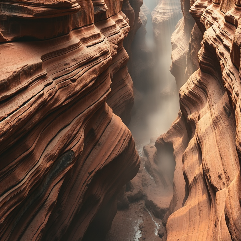 realistic photo, a canyon with layered red rock, in early morning mist, with rain reflections, muted earth tones, bird eye view, volumetric light rays, professional photography, peaceful and serene
