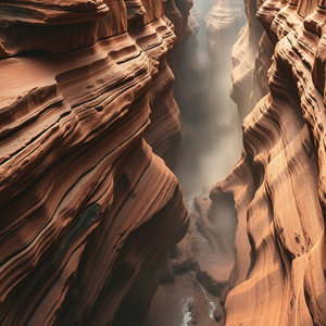 realistic photo, a canyon with layered red rock, in early morning mist, with rain reflections, muted earth tones, bird eye view, volumetric light rays, professional photography, peaceful and serene