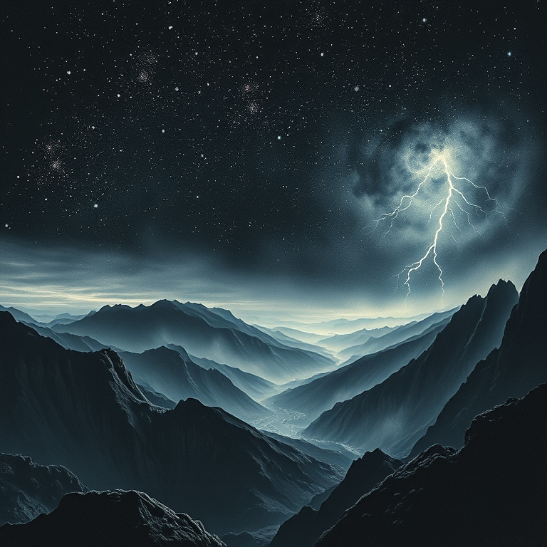 charcoal drawing, a meteor shower over mountains, at dawn, with lightning in distance, deep rich jewel tones, panoramic view, dramatic side lighting, ultra high resolution, romantic and dreamy