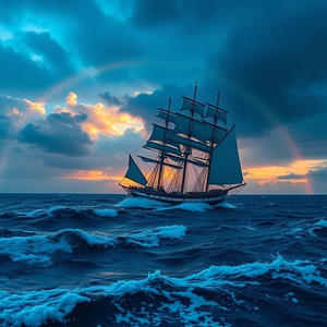 realistic photo, a sailing ship on stormy seas, at sunrise, with rainbow in background, cool blue tones, wide angle view, natural light, RAW photo, awe-inspiring and grand
