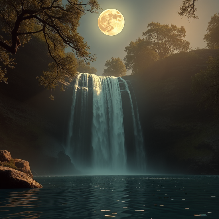 hyper-realistic render, a waterfall cascading into a pool, under a full moon, with gentle breeze, muted earth tones, low angle dramatic perspective, dappled light through trees, masterpiece quality, awe-inspiring and grand