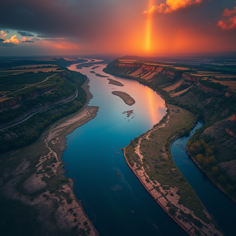 cinematic shot, a drone view of a winding river, at sunrise, with rainbow in background, deep rich jewel tones, bird eye view, natural light, RAW photo, energetic and vibrant