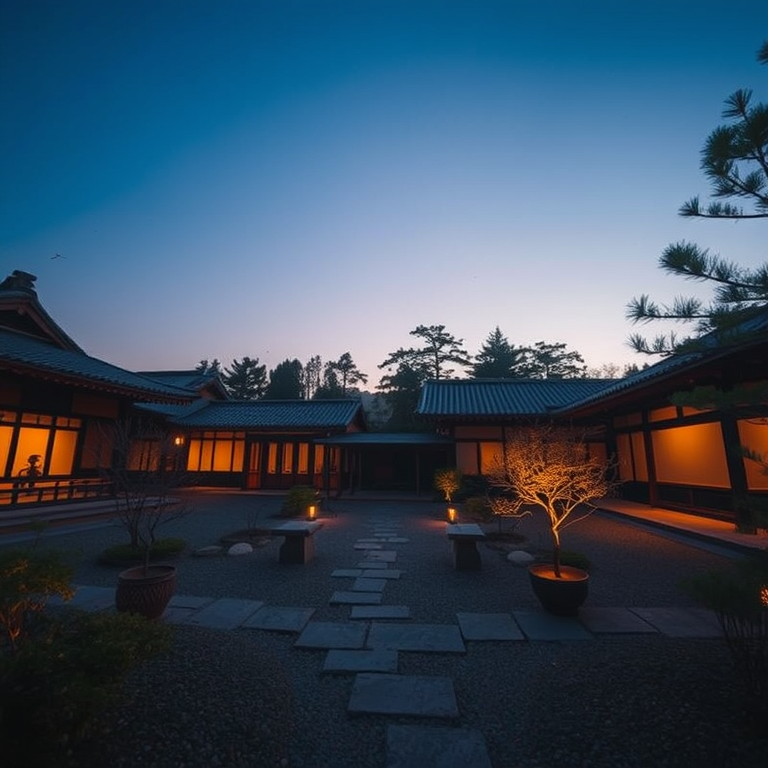 cinematic shot, a Japanese zen garden, during twilight, with clear blue sky, warm tones, telephoto compression, soft diffused lighting, award-winning composition, romantic and dreamy