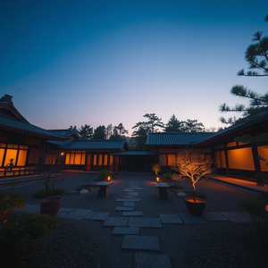 cinematic shot, a Japanese zen garden, during twilight, with clear blue sky, warm tones, telephoto compression, soft diffused lighting, award-winning composition, romantic and dreamy