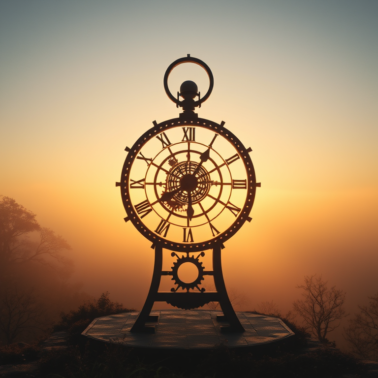 minimalist design, a steampunk clockwork mechanism, at sunrise, with fog rolling in, high contrast, wide angle view, backlit with sun flare, 8K UHD, peaceful and serene