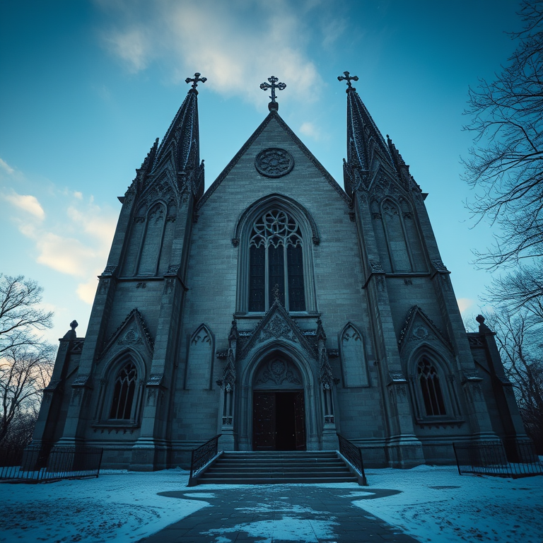 cinematic shot, an abandoned Gothic cathedral, at blue hour, with snow falling, pastel soft colors, low angle dramatic perspective, backlit with sun flare, professional photography, peaceful and serene