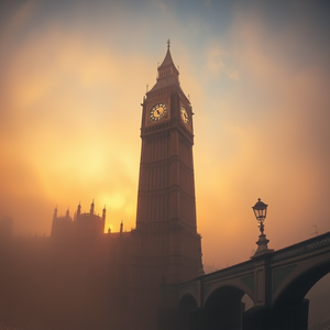 impressionist painting, London Big Ben in fog, at sunset, with misty atmosphere, golden warm palette, fish-eye lens, volumetric light rays, award-winning composition, awe-inspiring and grand