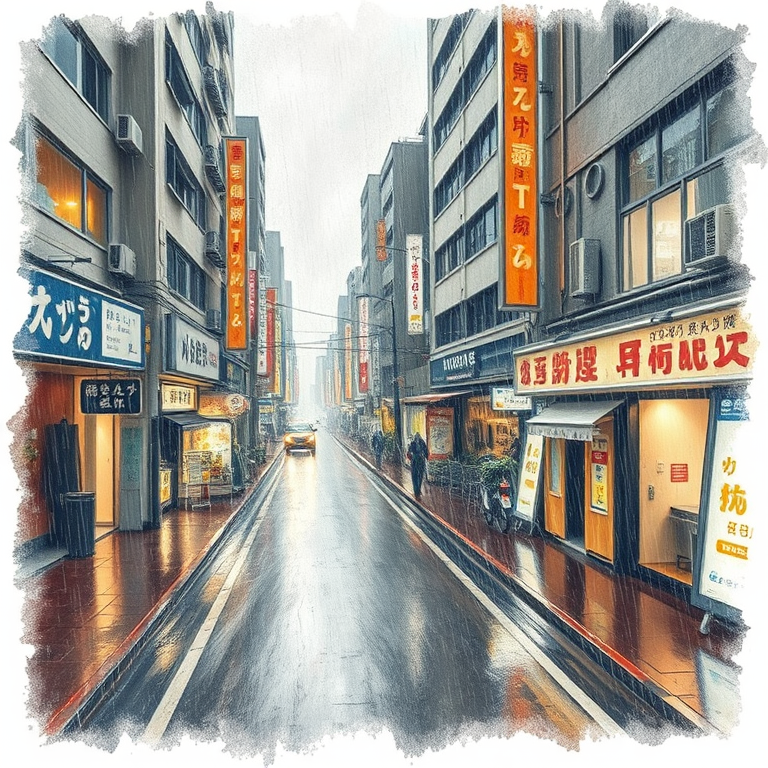 pencil sketch, a rain-soaked Tokyo street at night, at sunrise, with snow falling, muted earth tones, aerial drone perspective, natural light, award-winning composition, romantic and dreamy
