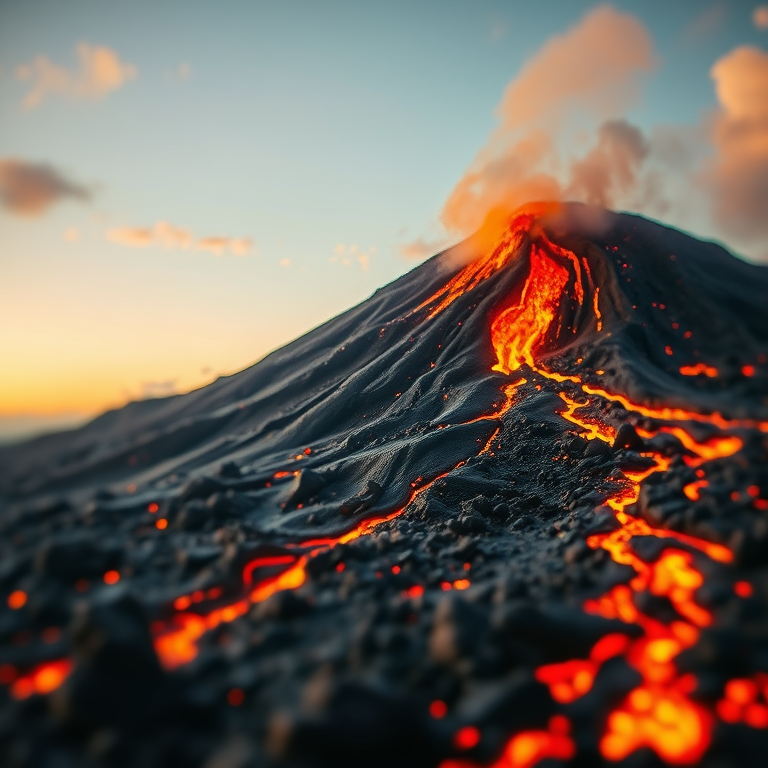 abstract art, a volcanic eruption with lava, at midday, with gentle breeze, high contrast, tilt-shift miniature effect, dramatic side lighting, photorealistic, whimsical and playful