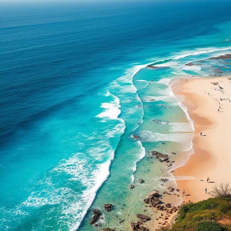 realistic photo, of art nature with sea, i want to see more land and people on the beach