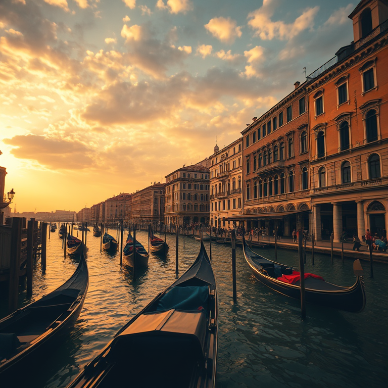 cinematic shot, a Venetian canal with gondolas, at midday, with dramatic cloud formations, warm tones, macro extreme close-up, moody atmospheric lighting, professional photography, dramatic and powerful