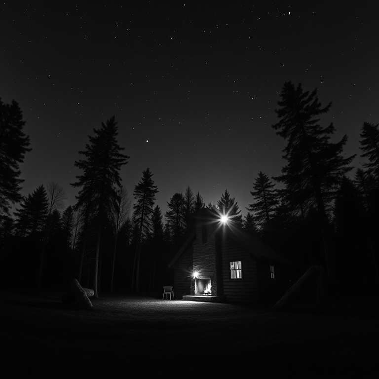 minimalist design, a cozy cabin in the woods with fireplace, at night under stars, with clear blue sky, monochrome black and white, panoramic view, backlit with sun flare, photorealistic, romantic and dreamy
