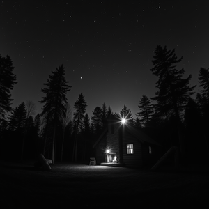 minimalist design, a cozy cabin in the woods with fireplace, at night under stars, with clear blue sky, monochrome black and white, panoramic view, backlit with sun flare, photorealistic, romantic and dreamy