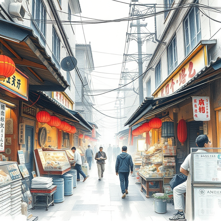pencil sketch, a bustling street market in Asia, at midday, with misty atmosphere, pastel soft colors, macro extreme close-up, rim lighting, ultra high resolution, awe-inspiring and grand