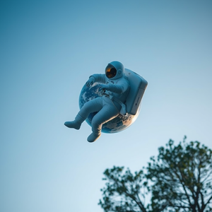 minimalist design, an astronaut floating above Earth, at blue hour, with clear blue sky, pastel soft colors, tilt-shift miniature effect, dappled light through trees, professional photography, energetic and vibrant