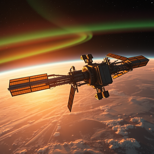 hyper-realistic render, a space station orbiting Earth, at dawn, with aurora in sky, golden warm palette, macro extreme close-up, studio quality lighting, sharp focus, awe-inspiring and grand