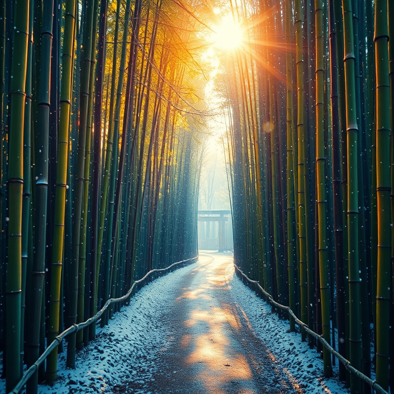 impressionist painting, a bamboo forest path, at dawn, with snow falling, vibrant saturated colors, macro extreme close-up, backlit with sun flare, sharp focus, peaceful and serene