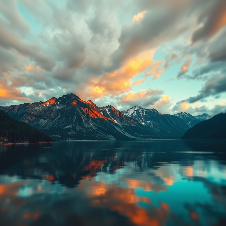 charcoal drawing, a serene lake reflecting mountains, at midday, with dramatic cloud formations, teal and orange, tilt-shift miniature effect, neon glow, professional photography, dramatic and powerful