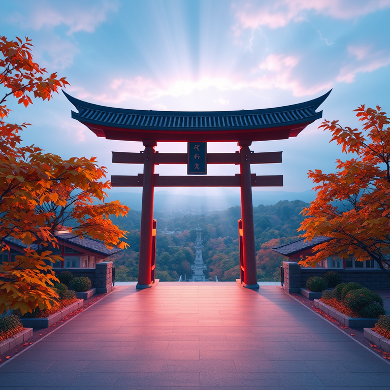 3D render, a Japanese torii gate in autumn, at blue hour, with lightning in distance, pastel soft colors, bird eye view, volumetric light rays, photorealistic, energetic and vibrant