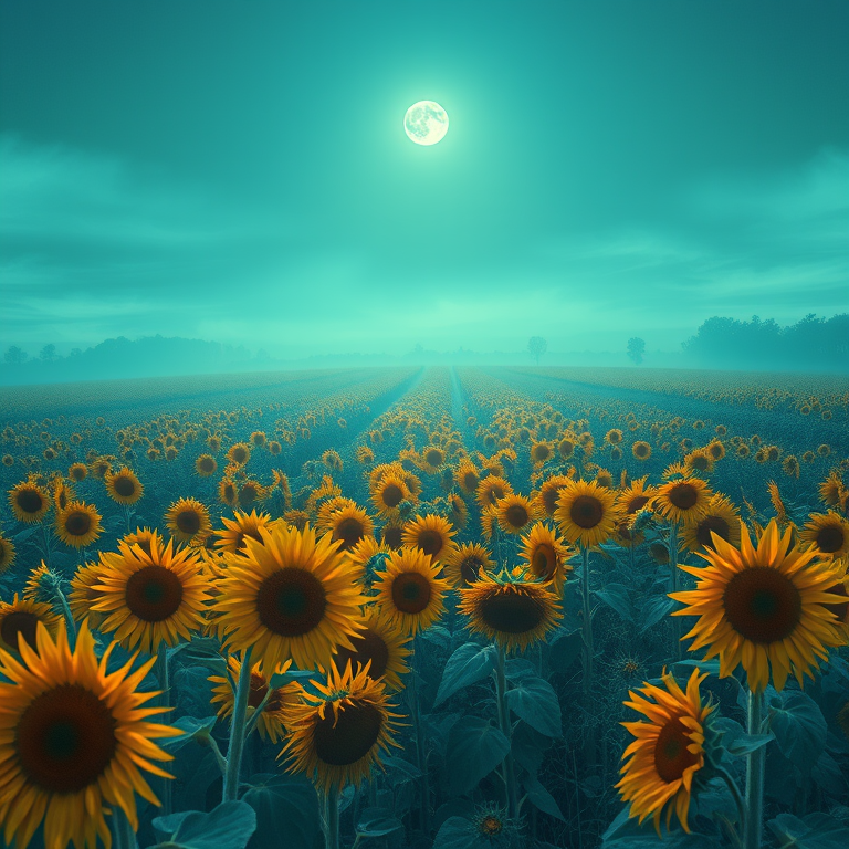pencil sketch, a sunflower field stretching to horizon, under a full moon, with misty atmosphere, teal and orange, low angle dramatic perspective, volumetric light rays, professional photography, romantic and dreamy